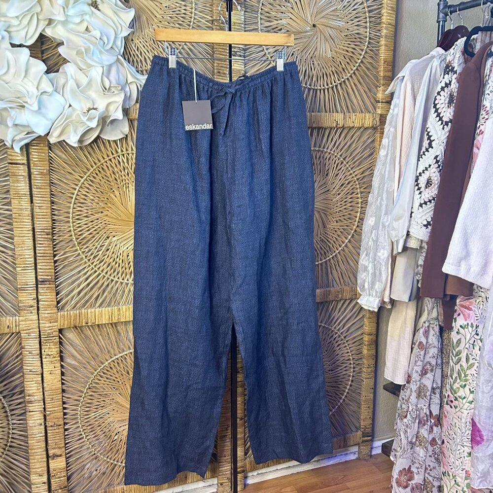 Eskandar NEW Drawstring Trouser Navy Blue Two-Toned Striated Linen Pant Size 2